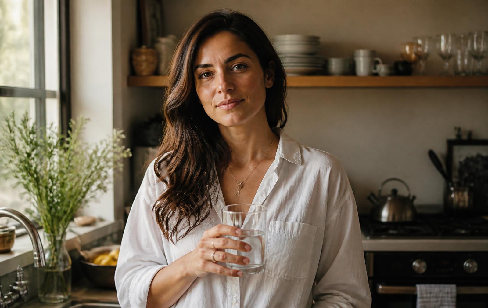 Woman at home in a bright kitchen holding a glass of water